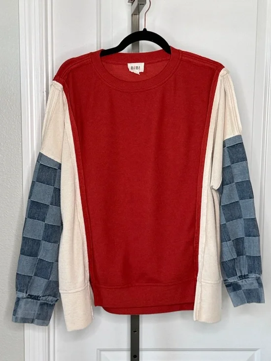 BiBi Washed Color-block Denim Sleeve Top NWOT - Picture 3 of 7